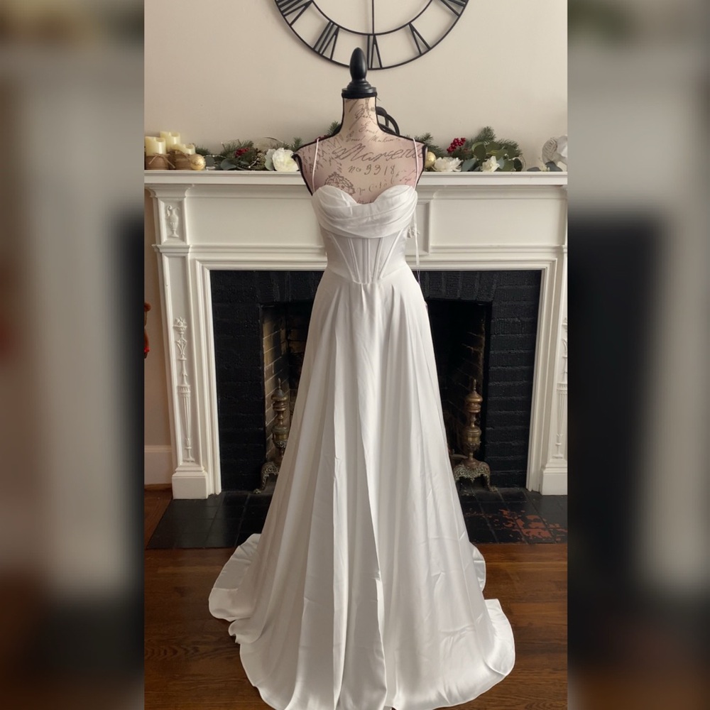 Minimalist corset white satin a-line prom dress, evening gown or wedding gown